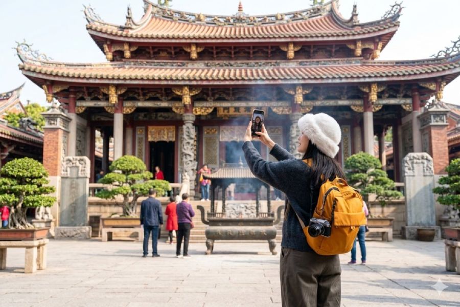 turista china visitando templo budista
